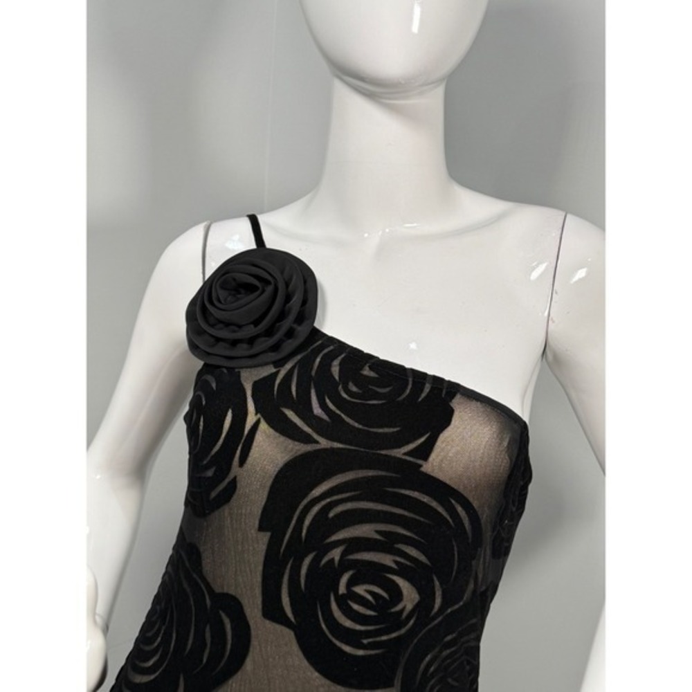 COMMENSE Jacquard Floral Asymmetrical Black Maxi Dress 3D Rose Evening Gown M - Picture 8 of 15
